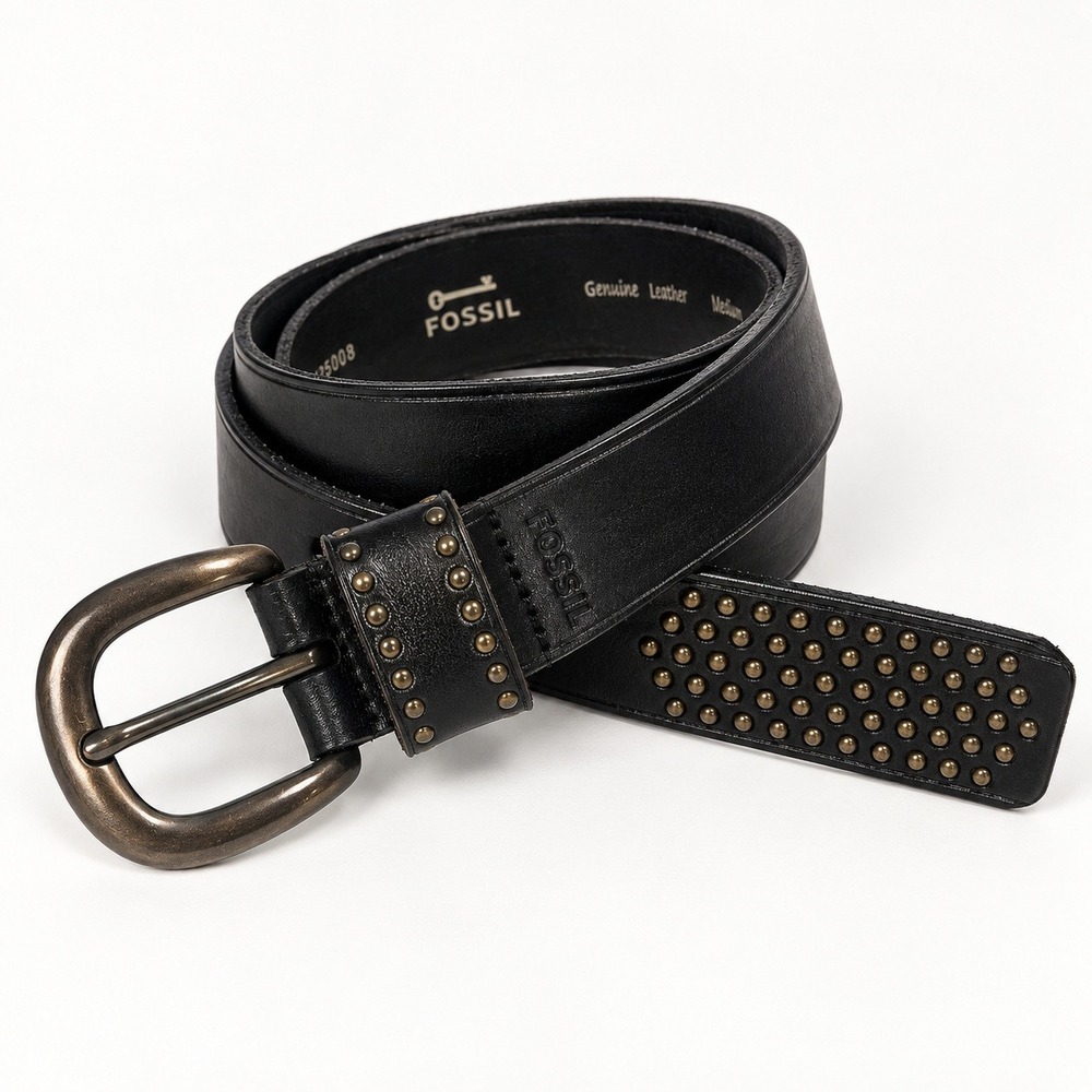 Fossil Black Genuine Leather Gold Studded Belt Womens M Western Buckle Goth Boho